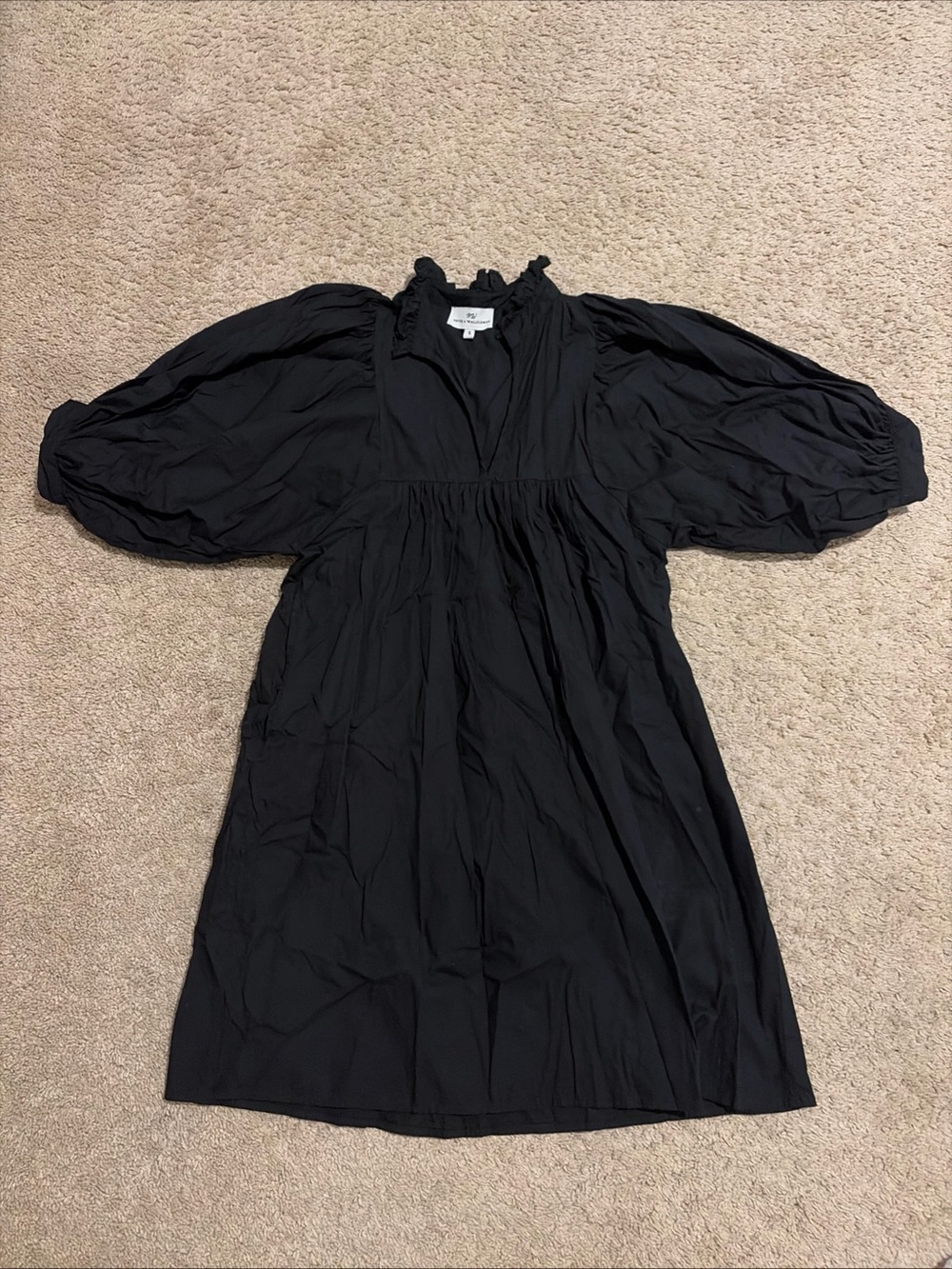 Never A Wallflower Black Puff Sleeve Mini Dress 100% Cotton Pockets Size Small